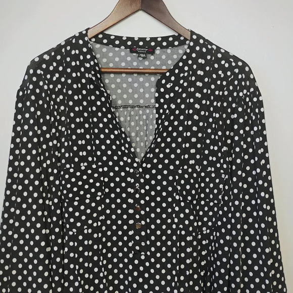 Cocomo Polka Dot Blouse Roll Tab Sleeve Pleated Relaxed Fit Black White Size 3X - Picture 3 of 11
